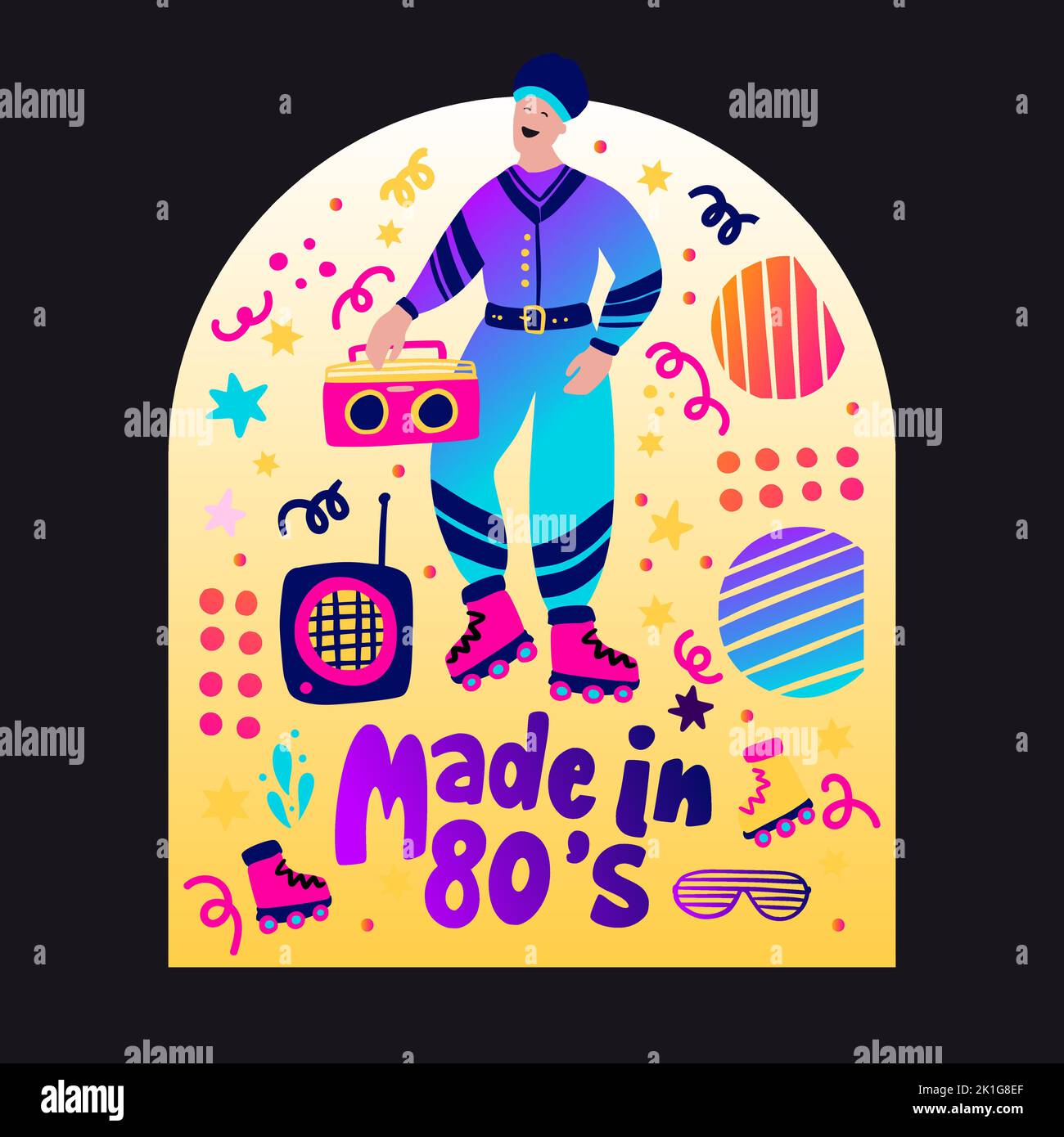 Retro party 80s music man poster with gradient lettering 70s vintage disco dance flyer, cartoon character vector person Stock Vector