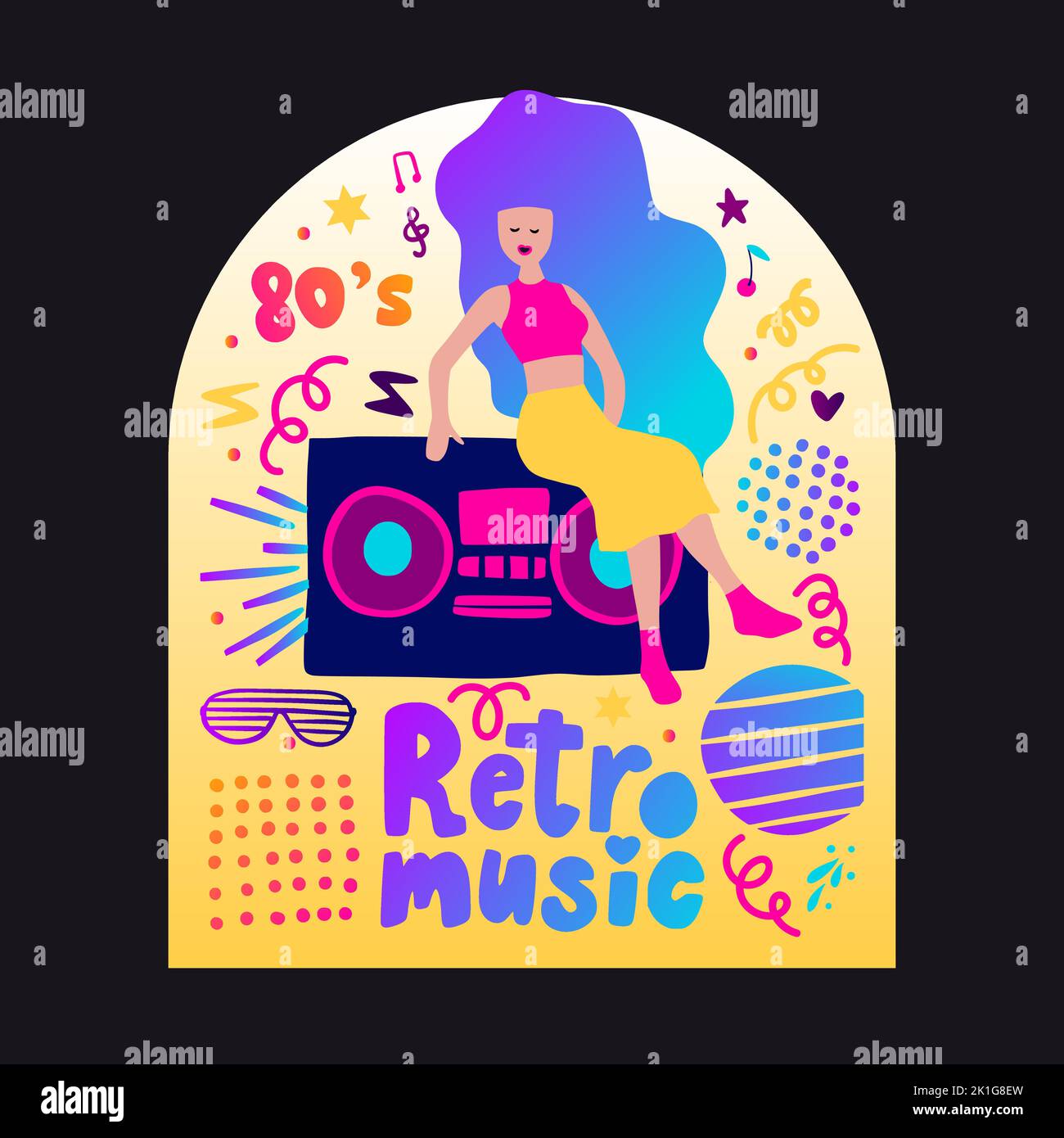 Retro party 80s music poster with gradient lettering 70s vintage disco dance flyer, cartoon character vector person Stock Vector