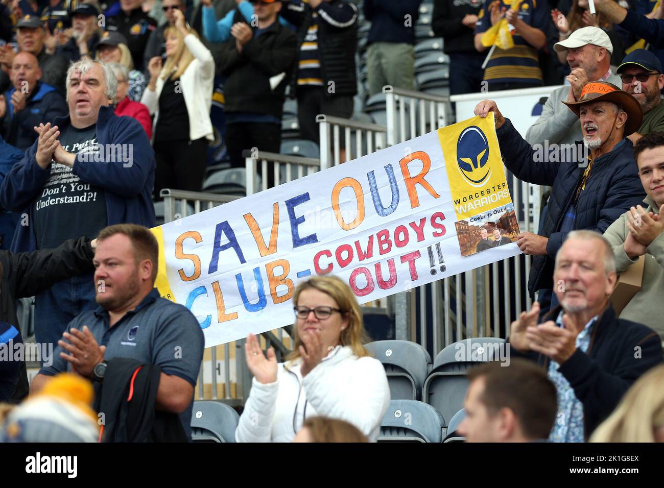 Worcester Warriors fans in the stands hold up a banner reading 'Save Our Club' following the Gallagher Premiership match at Sixways Stadium, Worcester. Picture date: Sunday September 18, 2022. Stock Photo