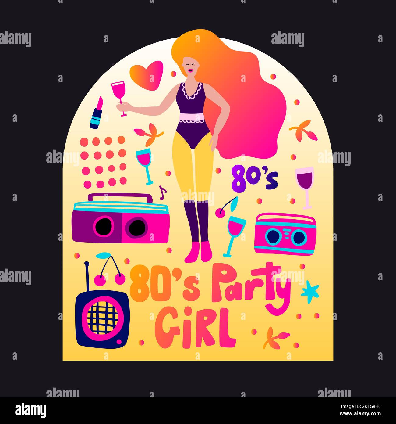 Retro party 80s music poster with gradient lettering 70s vintage disco dance flyer, cartoon character vector person Stock Vector