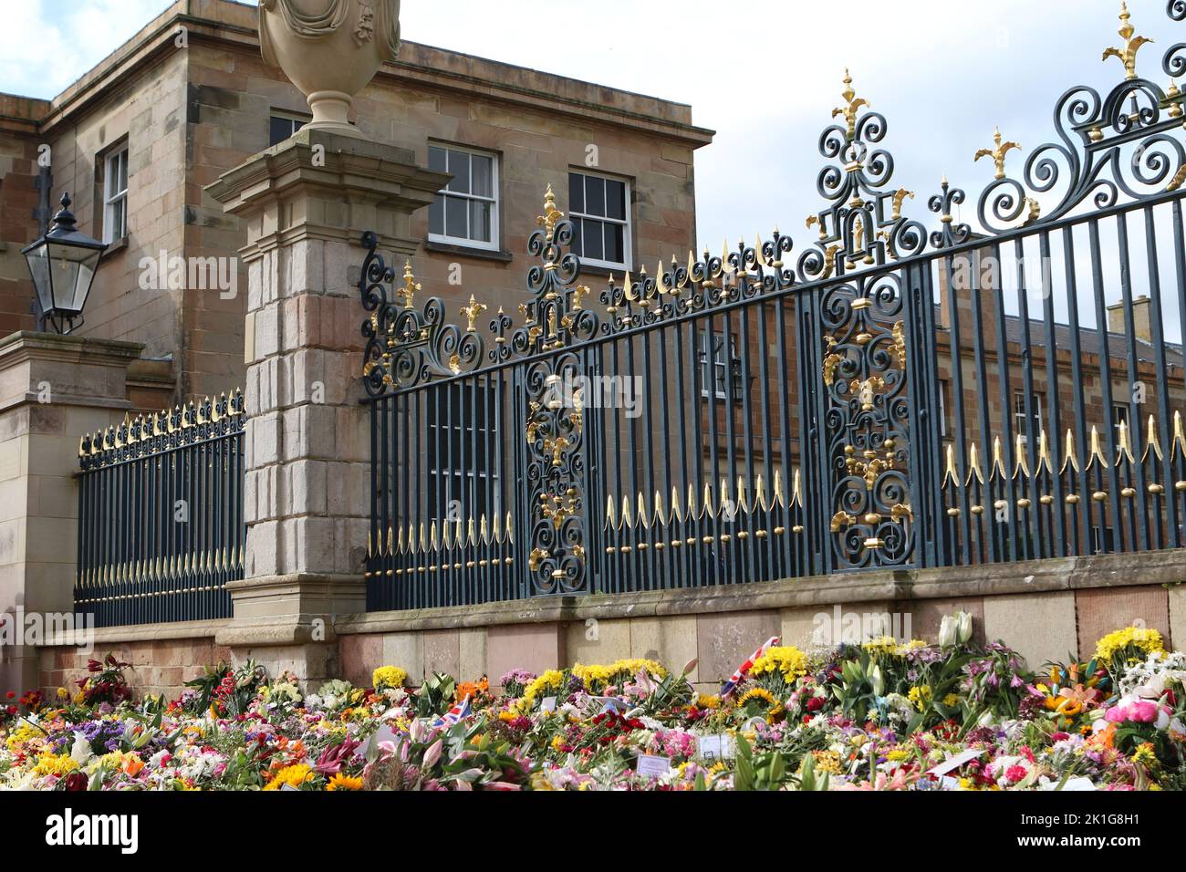 Flowers outside the gates of Hillsborough Castle, Royal Hillsborough