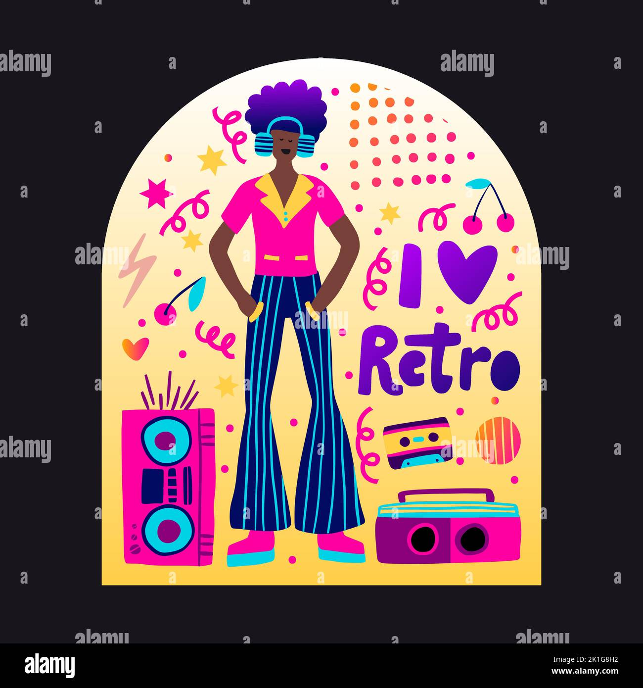 Retro party 80s music African American man poster with gradient lettering 70s vintage disco dance flyer, cartoon character vector person Stock Vector