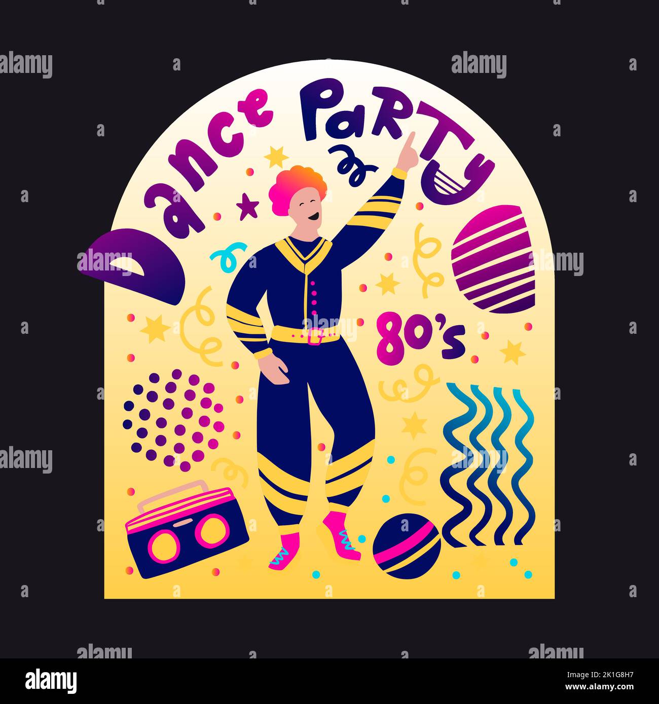 Retro party 80s music man poster with gradient lettering 70s vintage disco dance flyer, cartoon character vector person Stock Vector