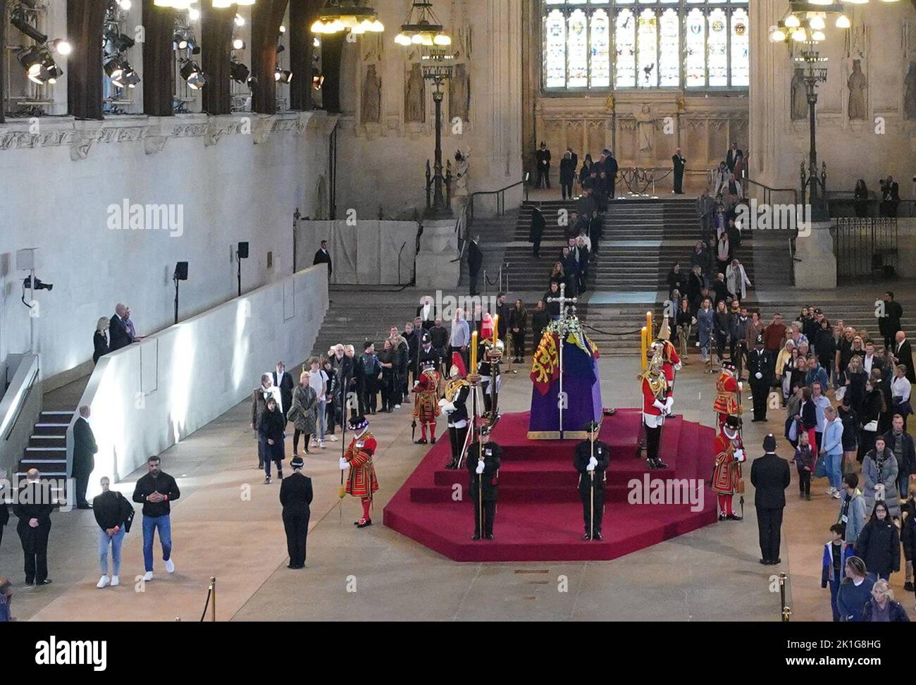 US President Joe Biden and First Lady Jill Biden (on raised platform left of coffin) view the coffin of Queen Elizabeth II, lying in state on the catafalque in Westminster Hall, at the Palace of Westminster, London, ahead of her funeral on Monday. Picture date: Sunday September 18, 2022. Stock Photo
