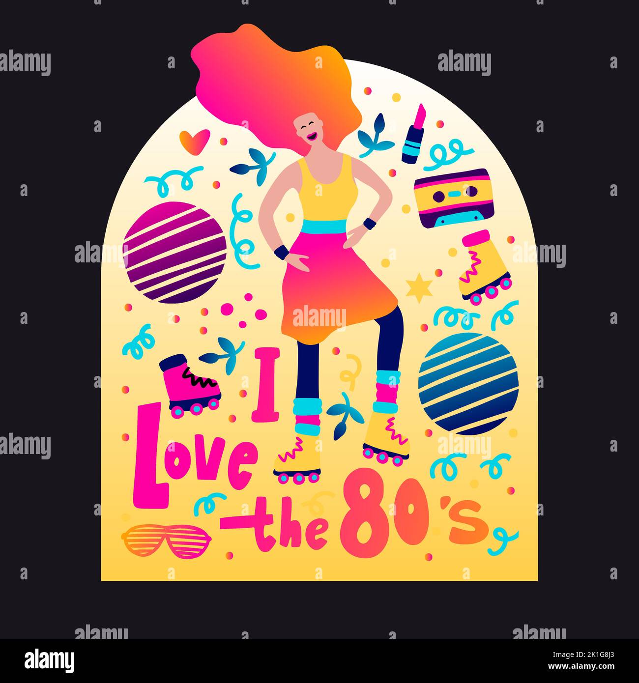 Retro party 80s music poster with gradient lettering 70s vintage disco dance flyer, cartoon character vector person Stock Vector