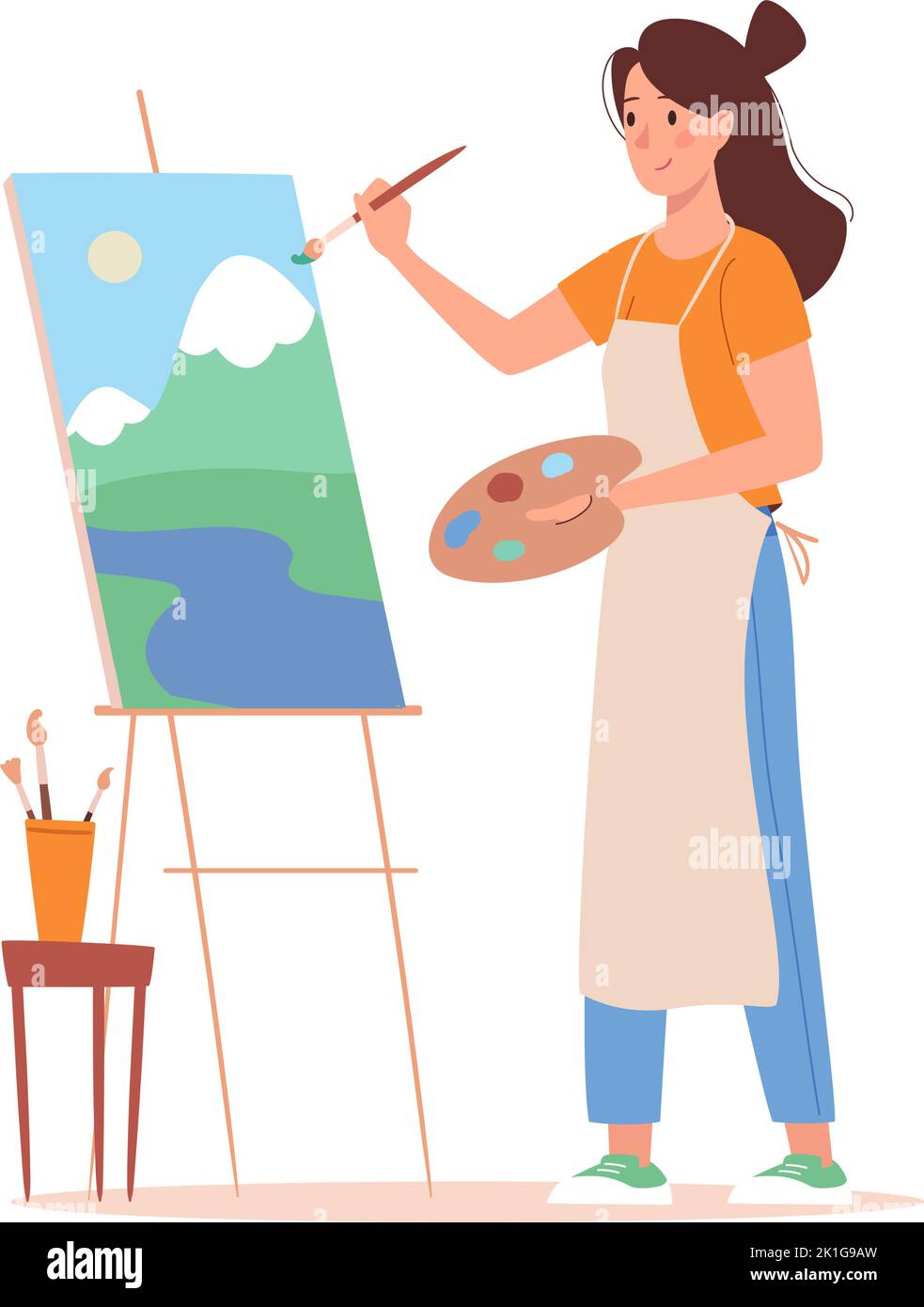 A woman paints a picture at an easel. A young girl paints a landscape the mountains with watercolors and oils. Brushes and palette in the hands of the artist. Vector illustration in flat style Stock Vector