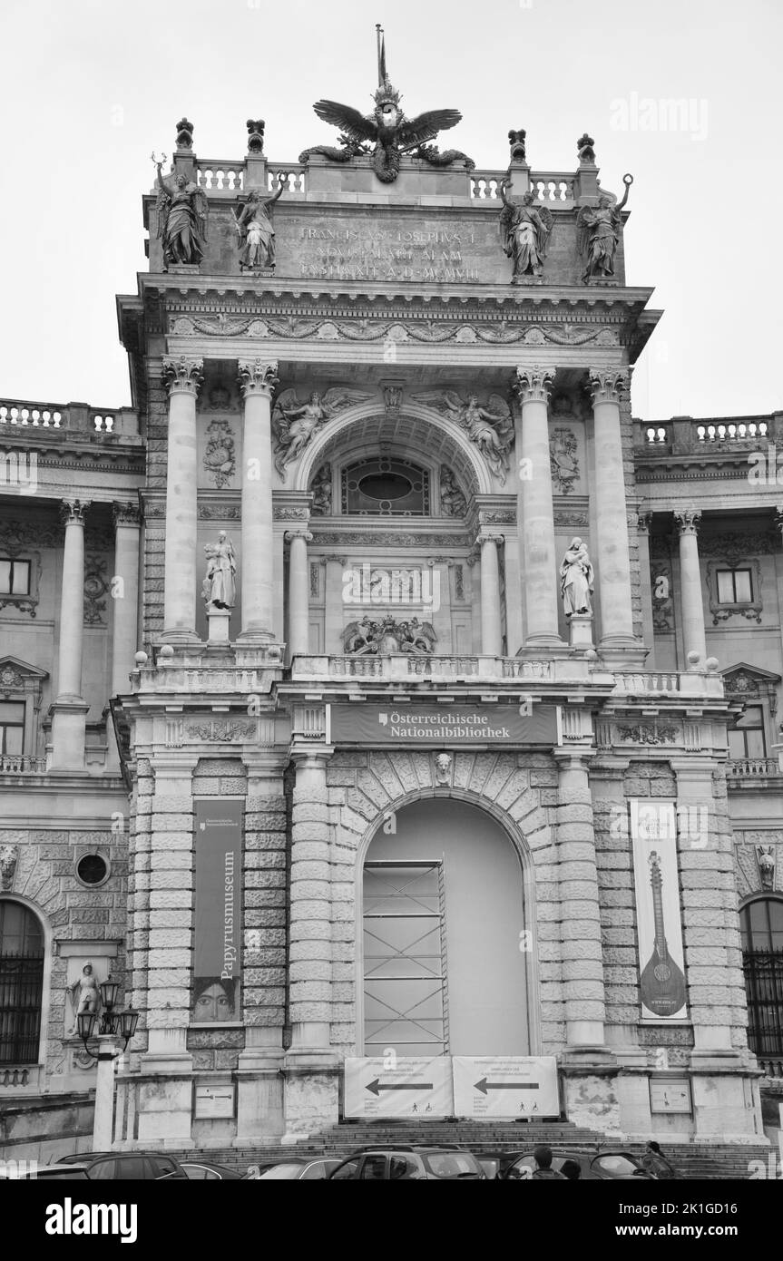 A vertical grayscale shot of the entrance of the austrian national