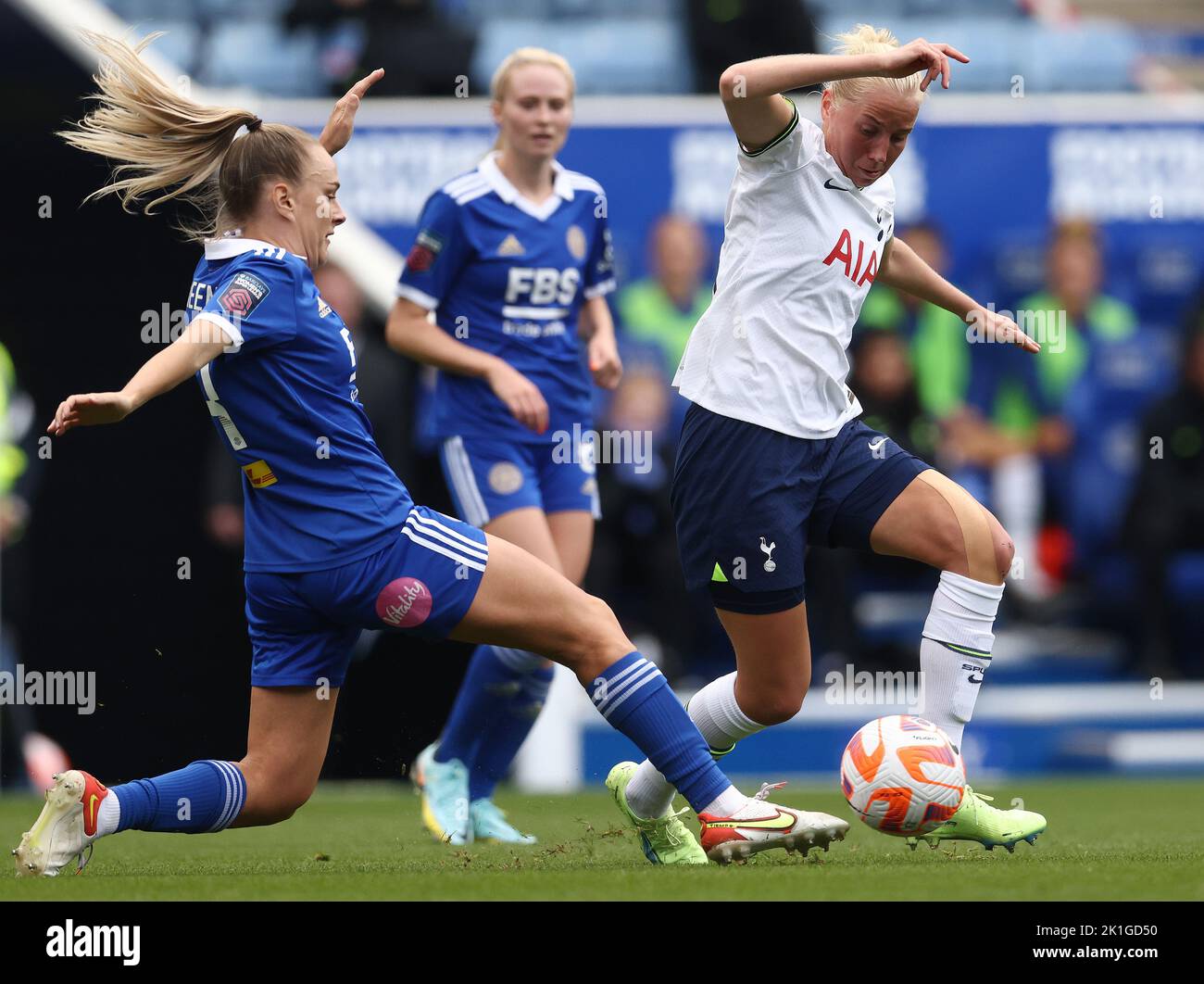 Leicester, UK. 18th September 2022.  Josie Green of Leicester City (L) challenges Eveliina Summanen of Tottenham Hotspur during the The FA Women's Super League match at the King Power Stadium, Leicester. Picture credit should read: Darren Staples / Sportimage Credit: Sportimage/Alamy Live News Stock Photo