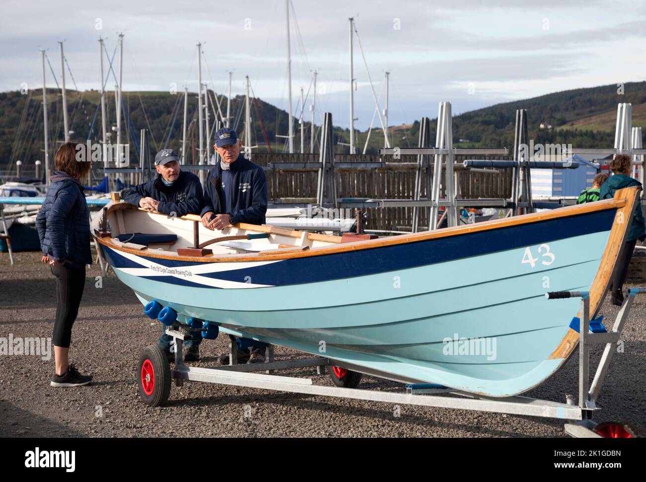 Firth of Clyde Rowing Club from Largs with their boat Saltire preparing for competition. Stock Photo