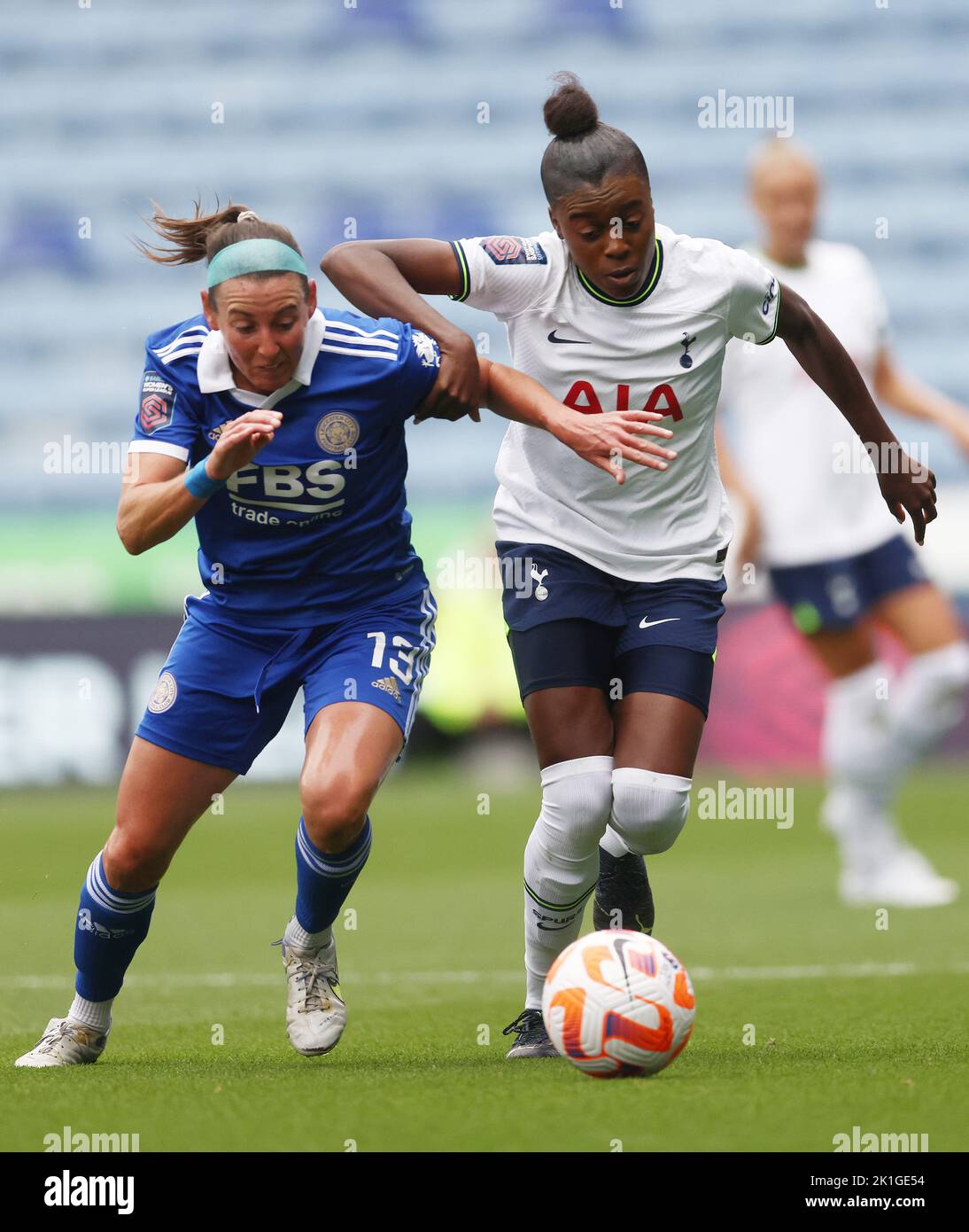 Leicester, UK. 18th September 2022.  Erin Simon of Leicester City (L) holds off Jessica Naz of Tottenham Hotspur during the The FA Women's Super League match at the King Power Stadium, Leicester. Picture credit should read: Darren Staples / Sportimage Credit: Sportimage/Alamy Live News Stock Photo