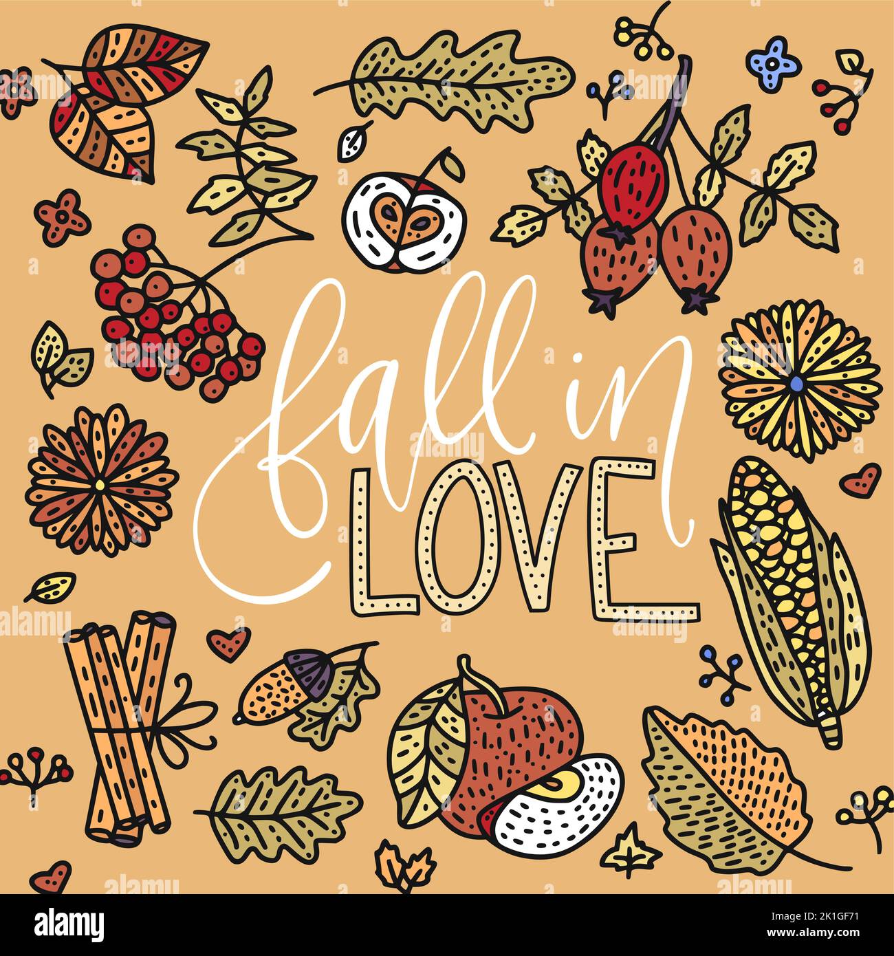 Love Fall Lettering Fall autumn love greeting lettering card. Doodle harvest vector ...