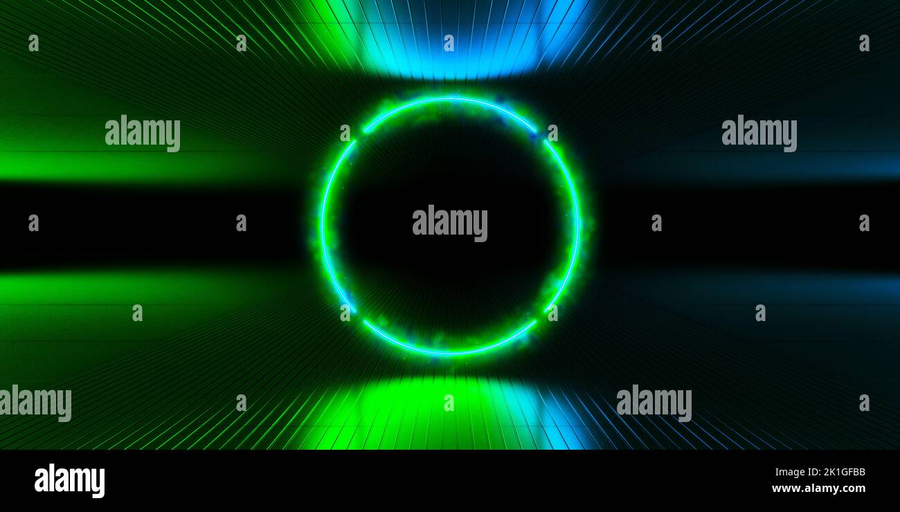 Glowing round neon light, dark stage, green blue vibrant virtual ...