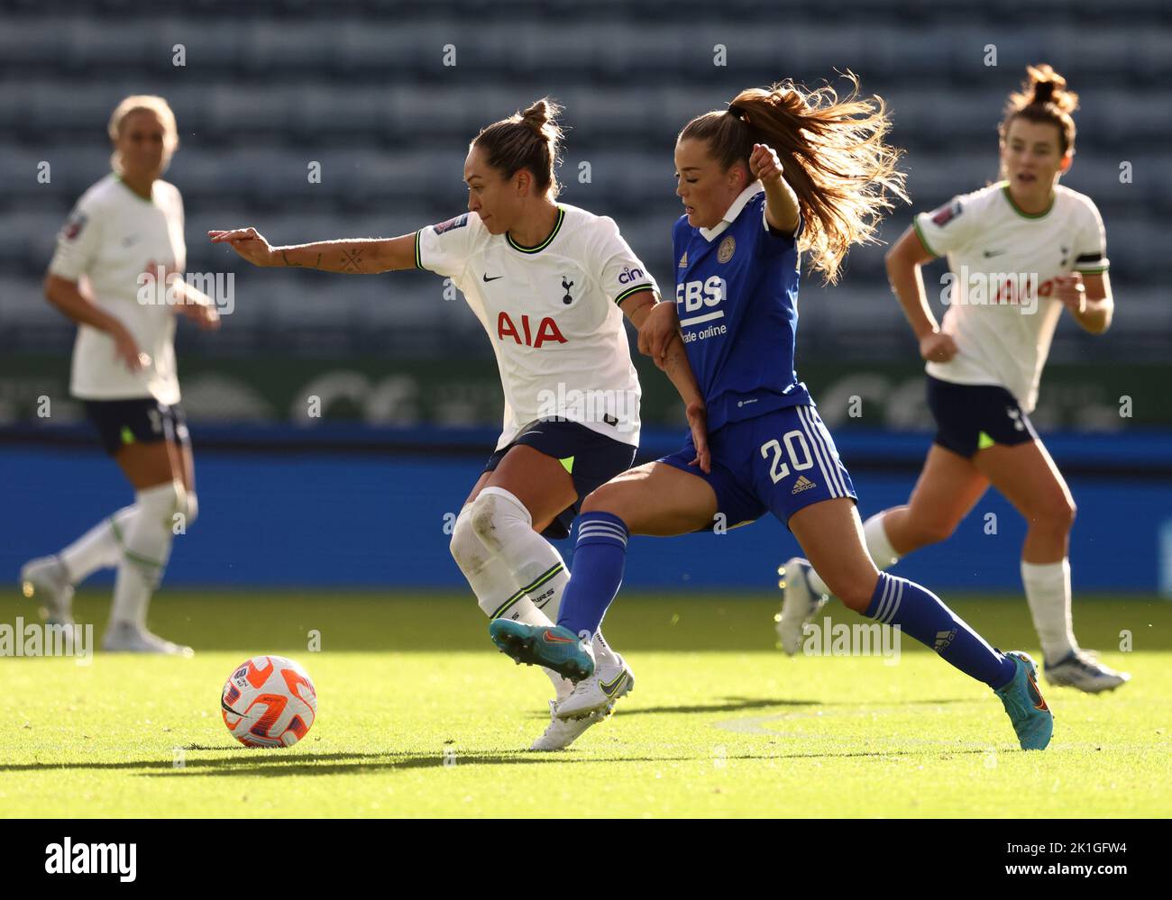 Leicester, UK. 18th September 2022. Missy Goodwin of Leicester City (R) challenges Kyah Simon of Tottenham Hotspur during the The FA Women's Super League match at the King Power Stadium, Leicester. Picture credit should read: Darren Staples / Sportimage Credit: Sportimage/Alamy Live News Stock Photo