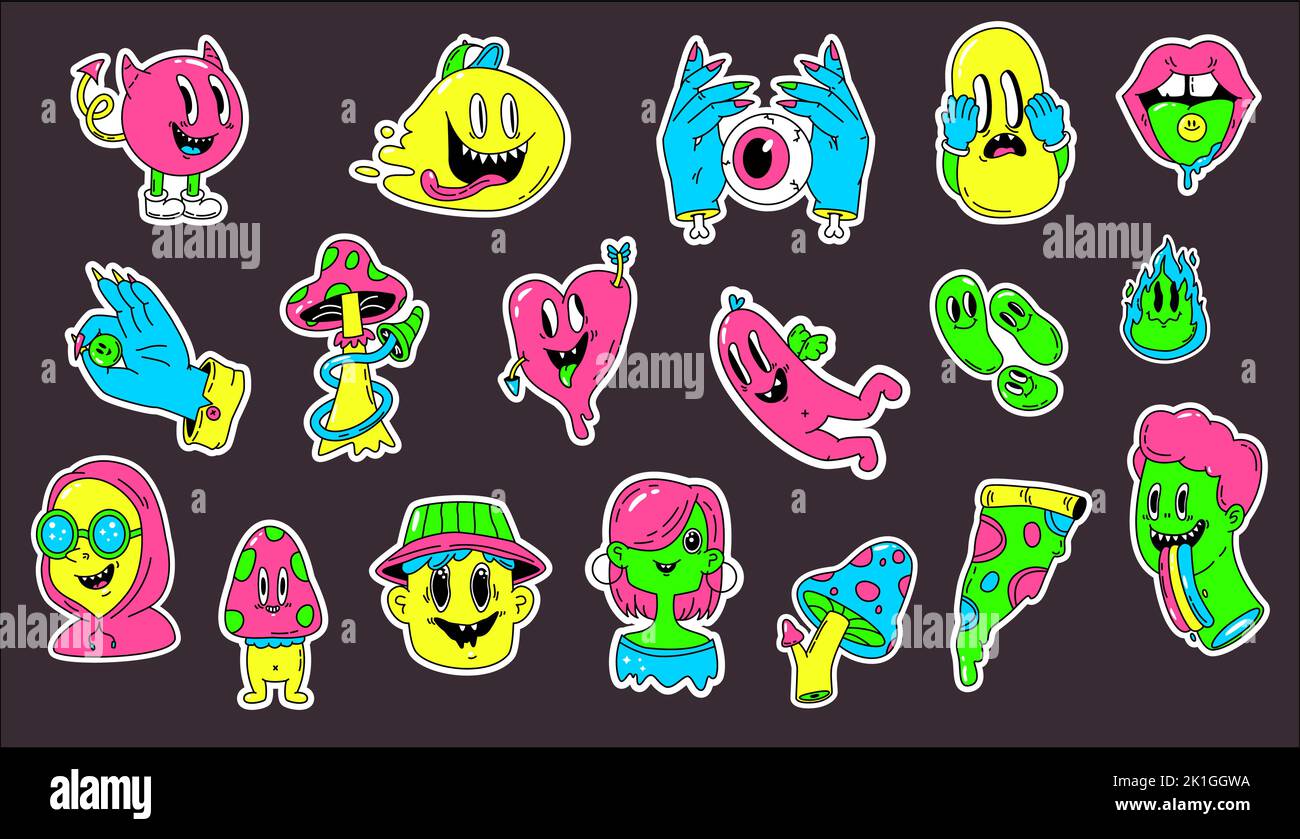 Funny acid surreality cute stickers. Hipster patches with crazy retro characters. Groovy design 70s 80s, neon psychedelic mushroom and snugly vector Stock Vector