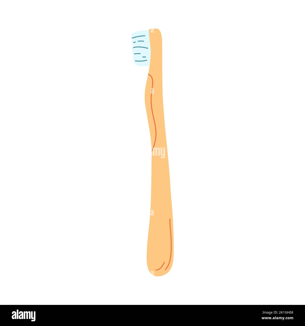 Hand drawn wooden toothbrush for brushing teeth in cartoon flat style. Vector illustration of dental supplies, dental care concept, oral hygiene. Stock Vector