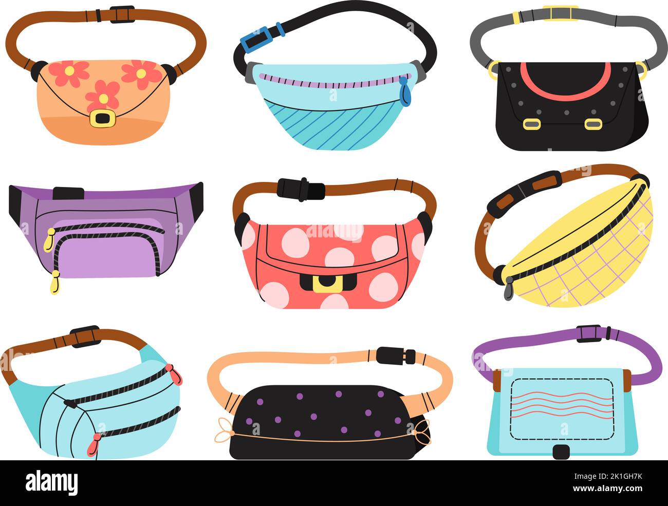Funny girl waist bag. Wallets bags accessories, cool fashion packed for different things. Cartoon unisex purse, colorful wallet decent vector Stock Vector