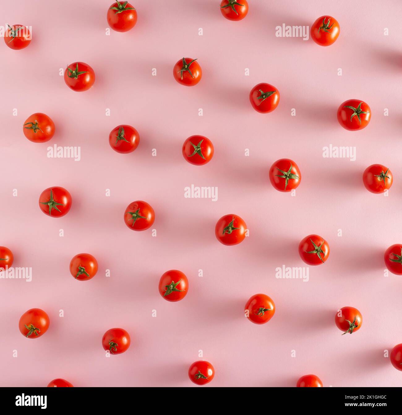 Red cherry tomatoes on the pale pink background. Minimal concept. Stock Photo