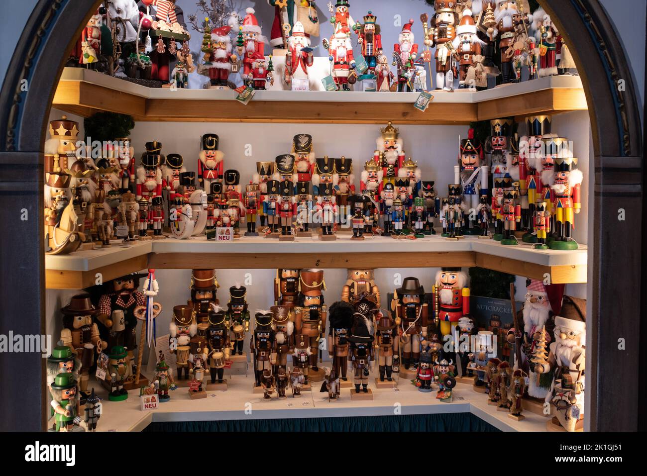 Oberammergau, Germany October 2021 Shelf full of nutcrackers in the
