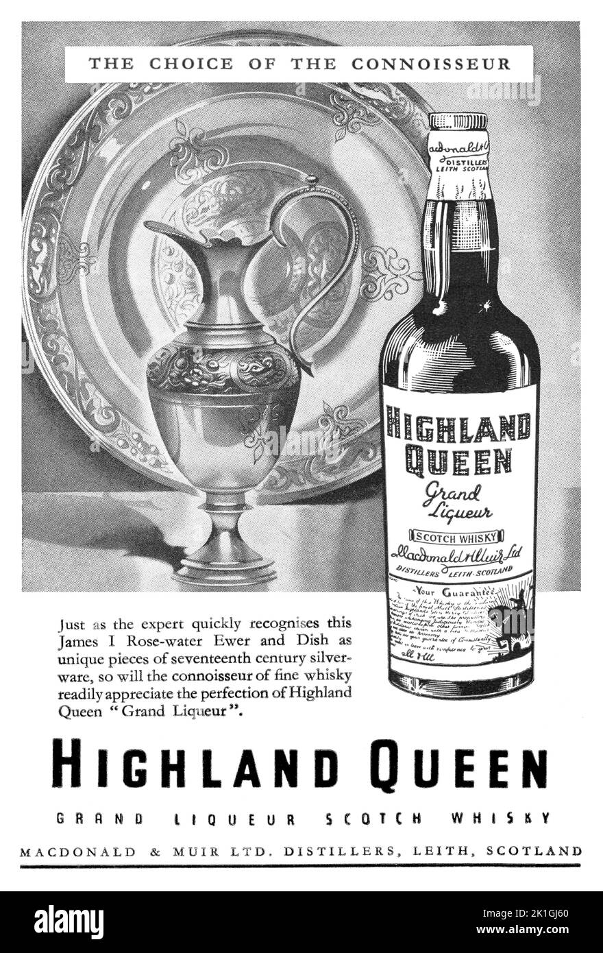 1948 British advertisement for Highland Queen Grand Liqueur Scotch Whisky by Macdonald and Muir Ltd. Stock Photo