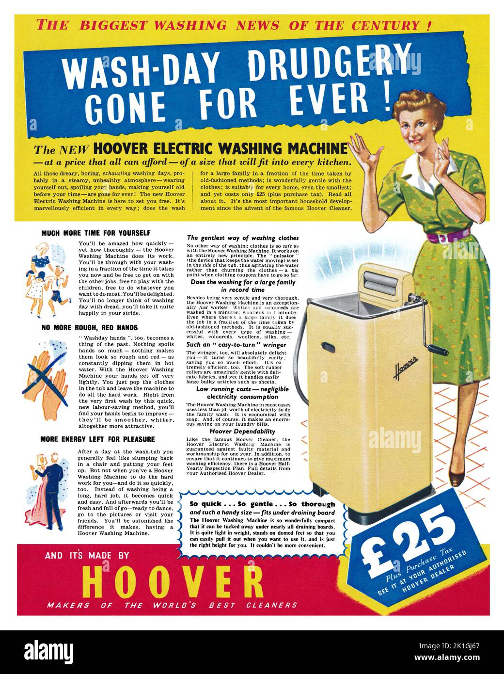 1948 British advertisement for the Hoover electric washing machine. Stock Photo