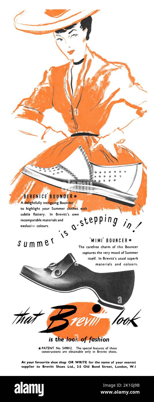 1949 British fashion advertisement for Brevitt women's shoes. Stock Photo