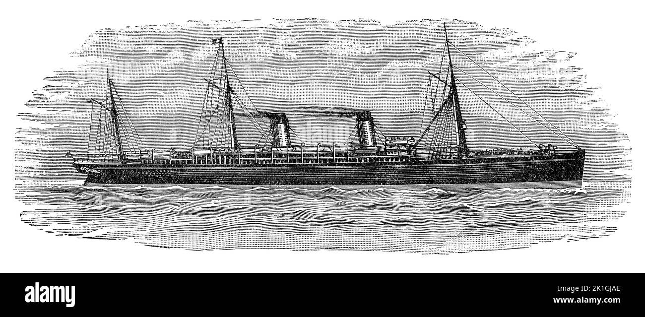 Vintage engraving of the White Star liner RMS Teutonic, winner of the Blue Riband. Launched in 1889 and scrapped in 1921. Stock Photo