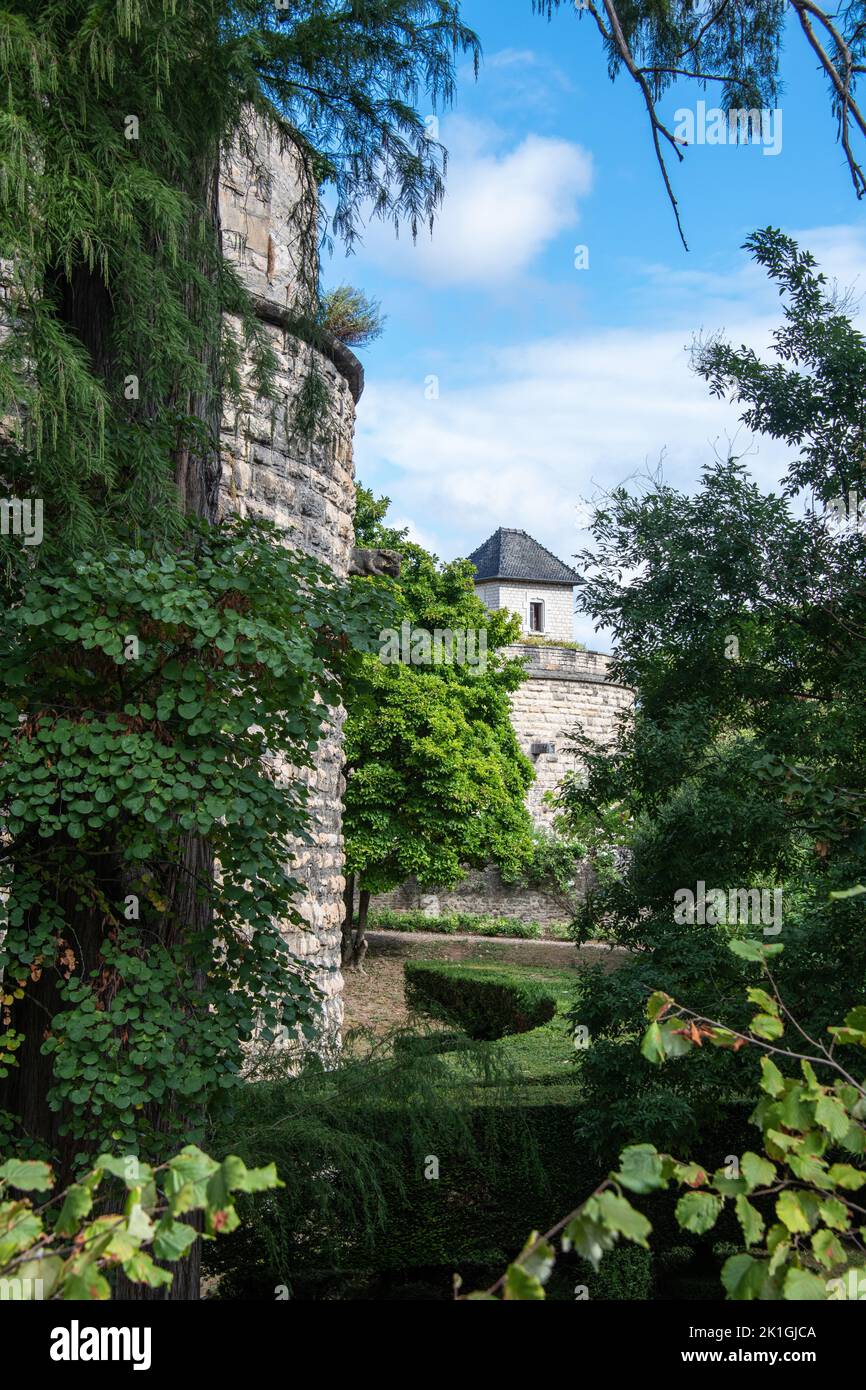 The gardens and the Magdalen Tower at the Chateau De Beaune, Burgundy France. Stock Photo
