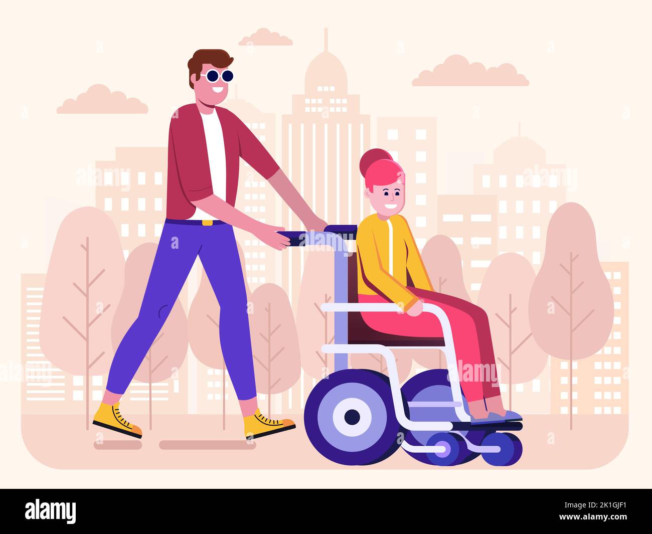 Cartoon Man Pushing Disabled Woman on Wheelchair Stock Vector