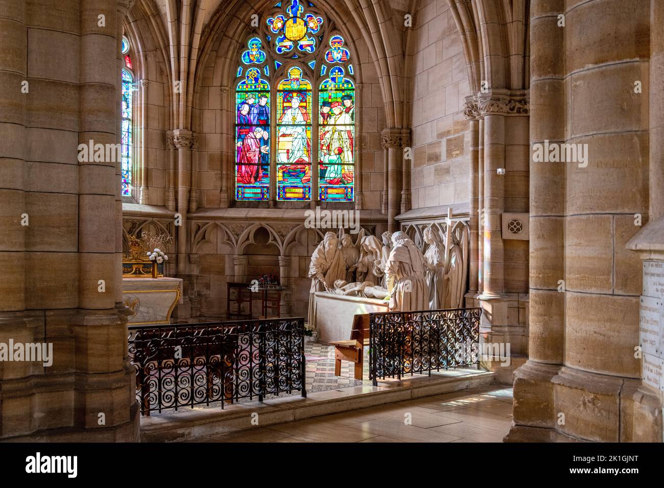 The alter and statue inside the Basilica Notre Dame de l'epine in Marne North East France. Stock Photo