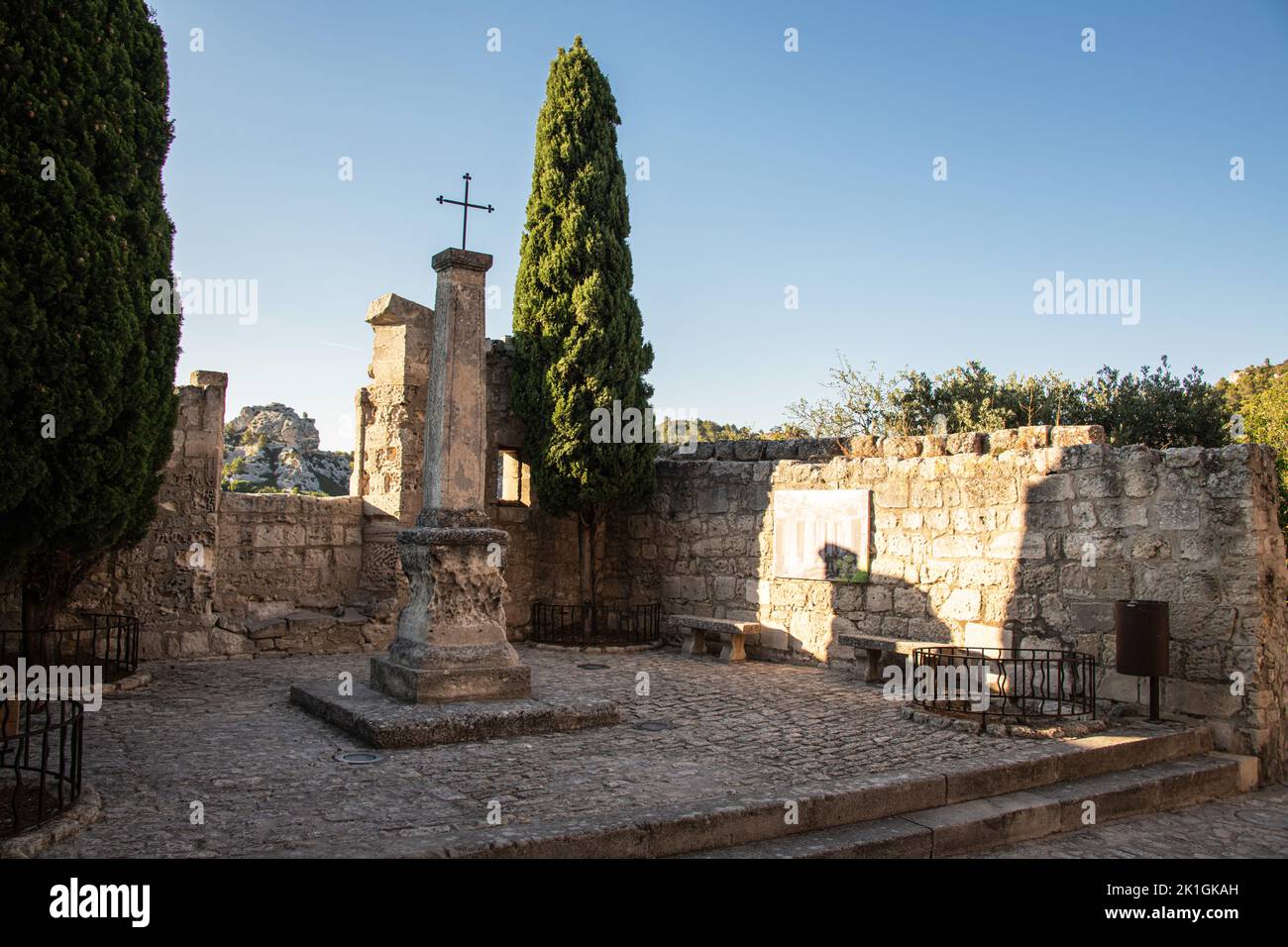 A ruined Chapel at the entrance to Les Baux-de-Provence in the Bouches du Rhone in Provence, France. Stock Photo