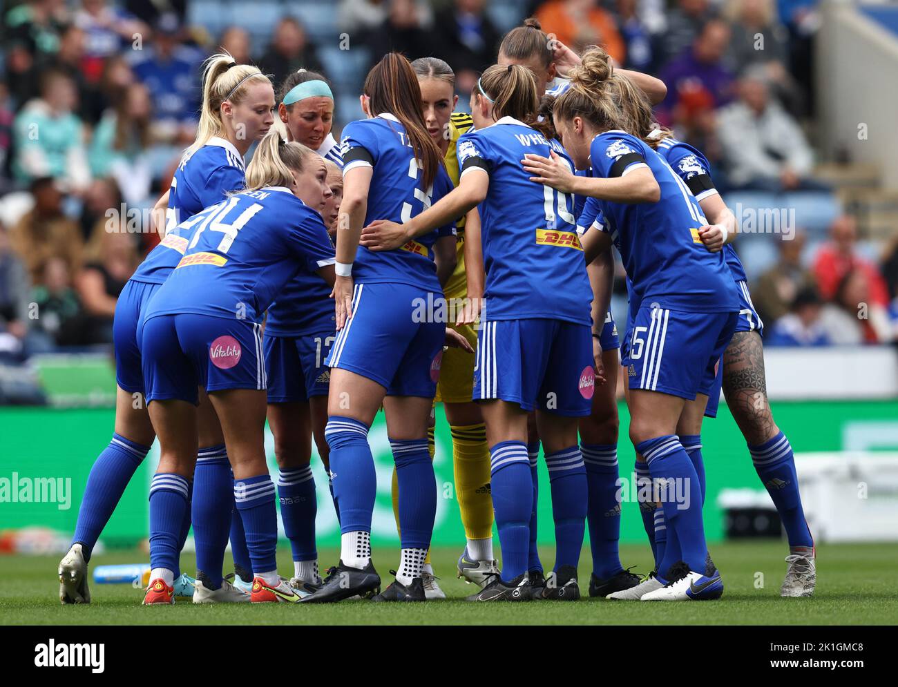 Leicester, UK. 18th September 2022. Leicester City players huddle before the The FA Women's Super League match at the King Power Stadium, Leicester. Picture credit should read: Darren Staples / Sportimage Credit: Sportimage/Alamy Live News Stock Photo