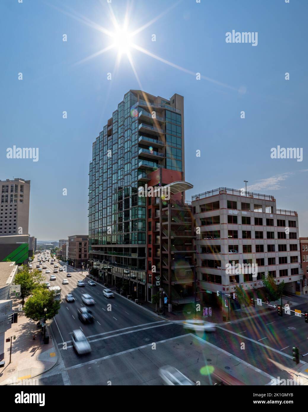 Motion blur traffic and Idaho condo in the afternoon Stock Photo