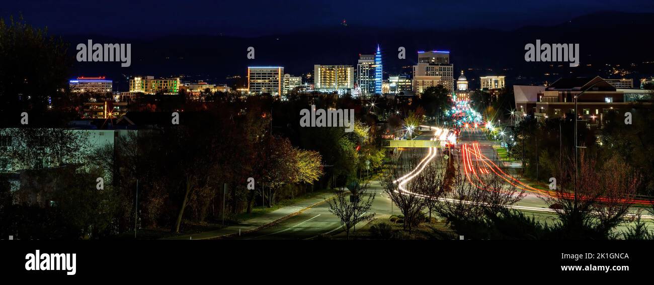 Night skyline of Boise with car lights streaking Stock Photo