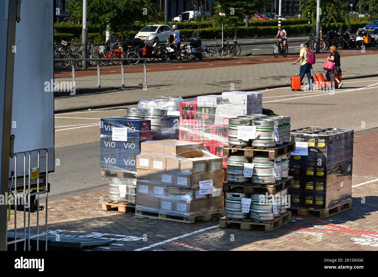 Amsterdam, Netherlands - August 2022: Pallets full of drinks after being unloaded from a lorry to deliver to a river cruise ship moored in Amsterdam Stock Photo