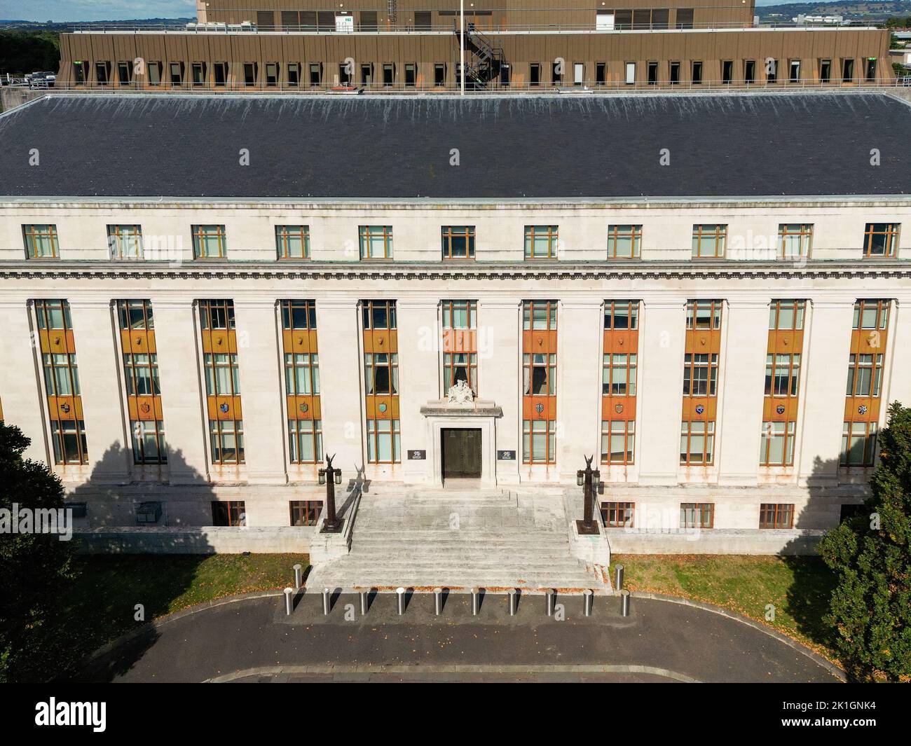 Cardiff, Wales - September 2022: Aerial view of the main Administrative offices of the Welsh Government in Cathays Park in the city's civic centre Stock Photo