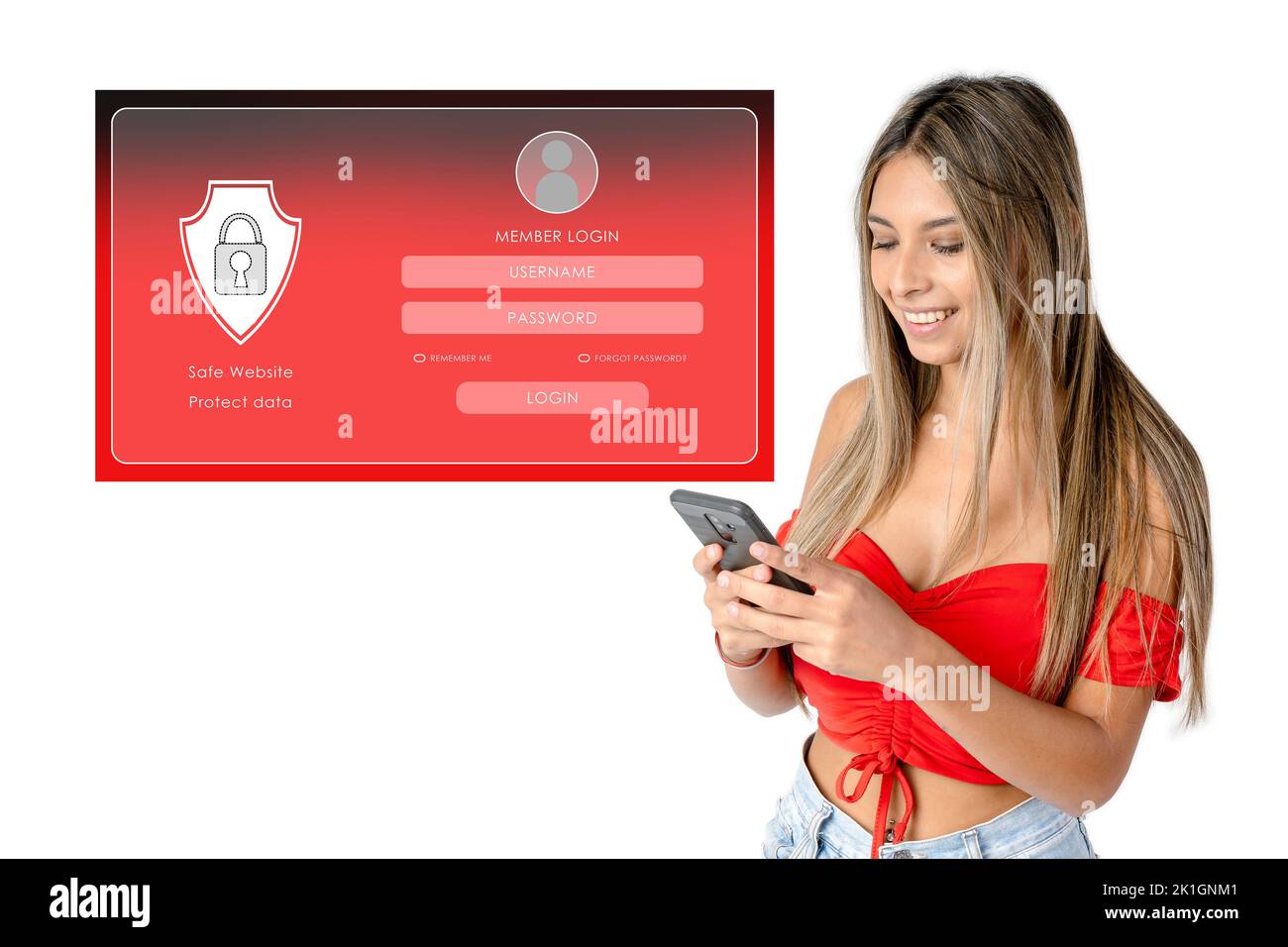 Beautiful latina woman entering a website. The login screen is represented floating in front and red background. White background, copy space. Stock Photo