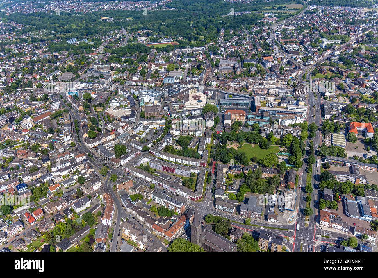 Aerial view, city center view, catholic church St. Cyriakus, old town, Bottrop, Ruhr area, North Rhine-Westphalia, Germany, Worship site, DE, Europe, Stock Photo