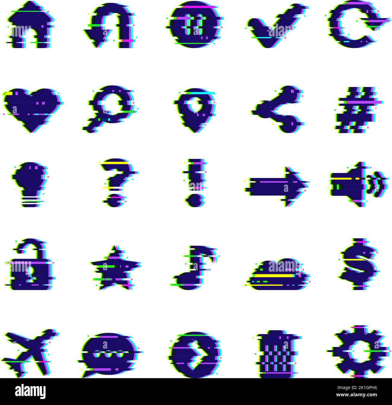 Web glitched symbols. Media grunge ui icons interface elements mobile app recent vector glitched template Stock Vector