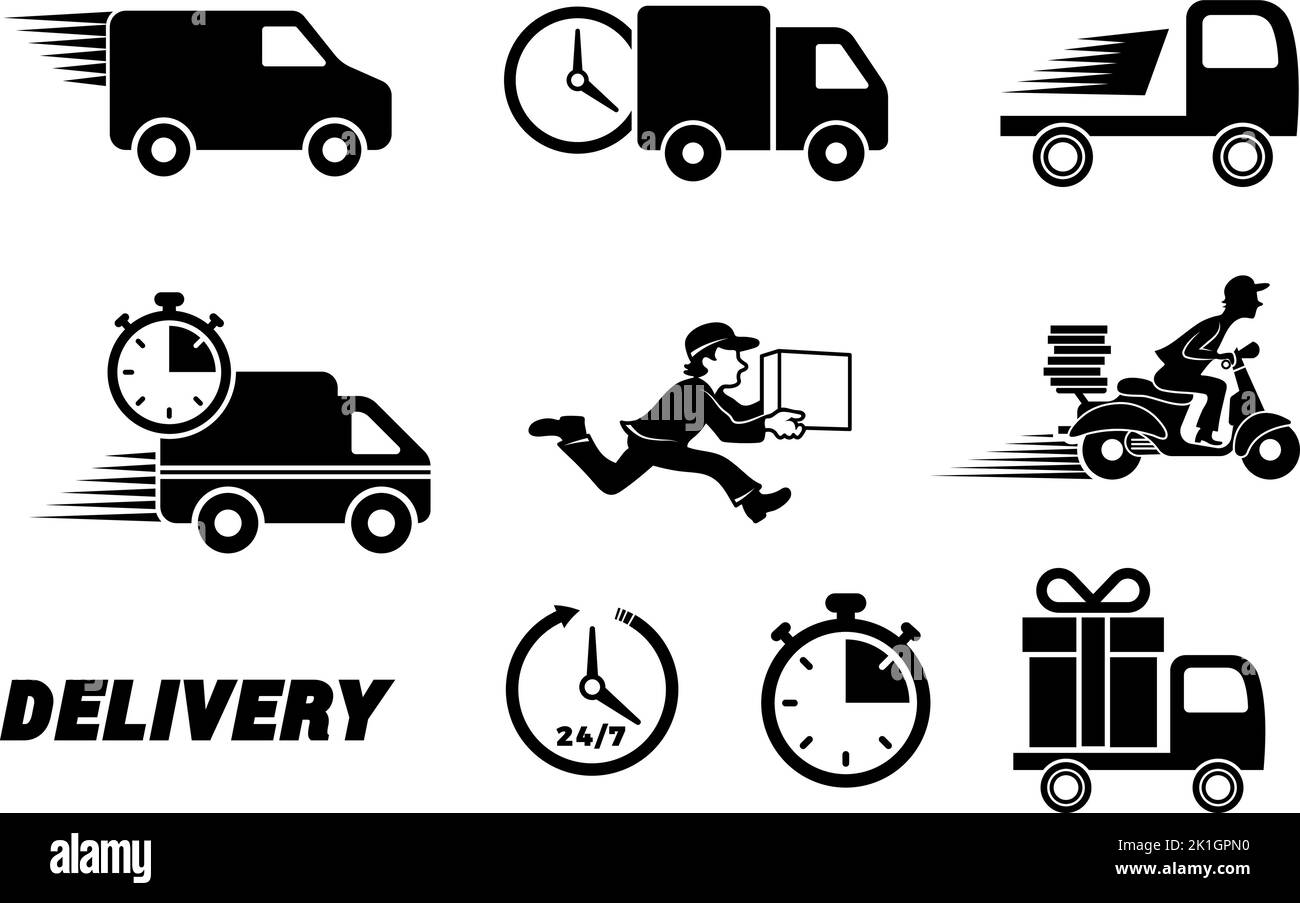 Fast delivery service elements. Express shipment truck and courier movement icons, motion food runner transport deliverying Stock Vector