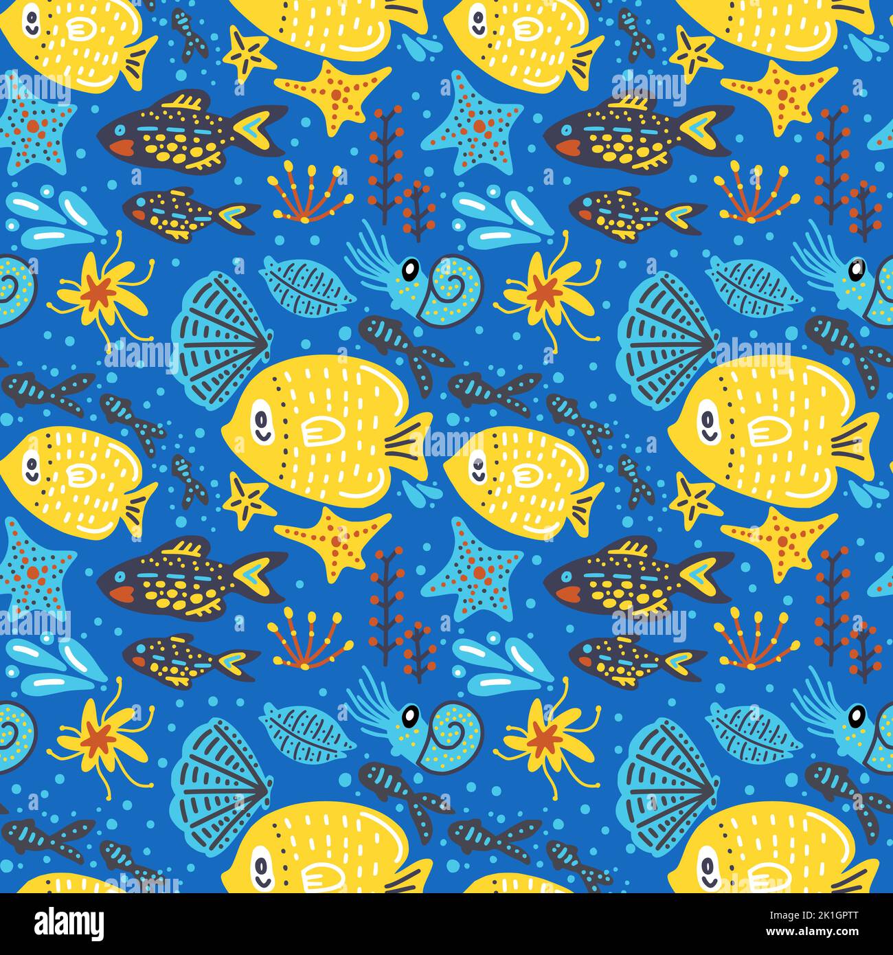 Fish summer seamless vector pattern. Kid cartoon cute background. Stock Vector