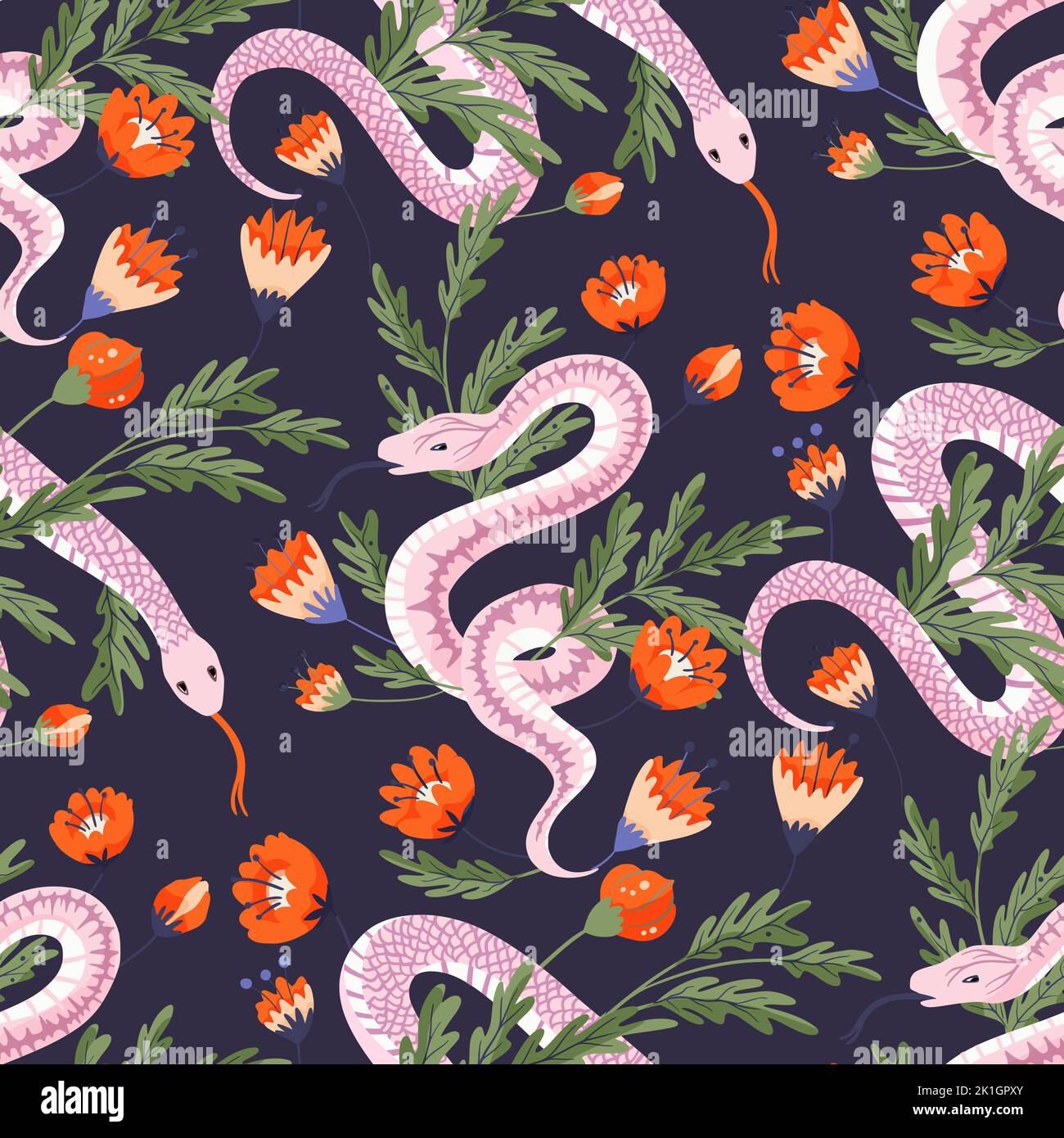 Snake floral seamless pattern. Vector flower magic snakes mystic boho ...