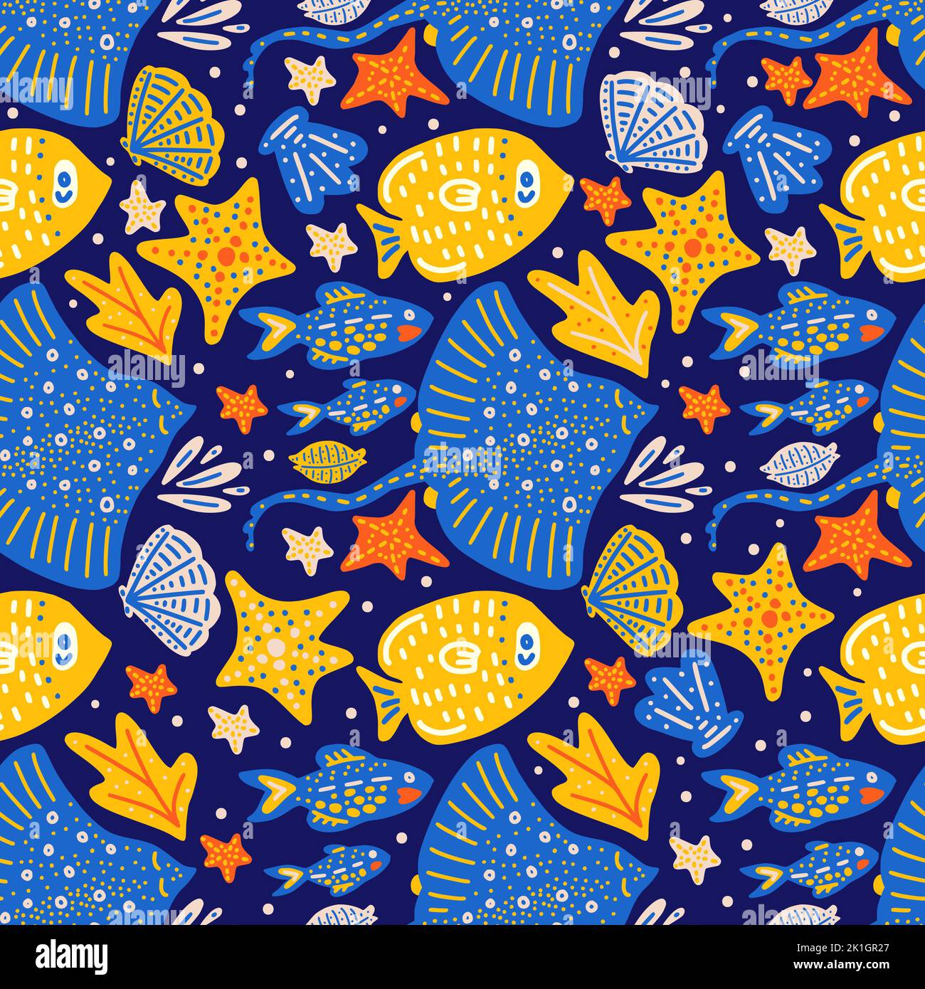 Fish stingray summer seamless vector pattern. Kid cartoon cute background. Stock Vector