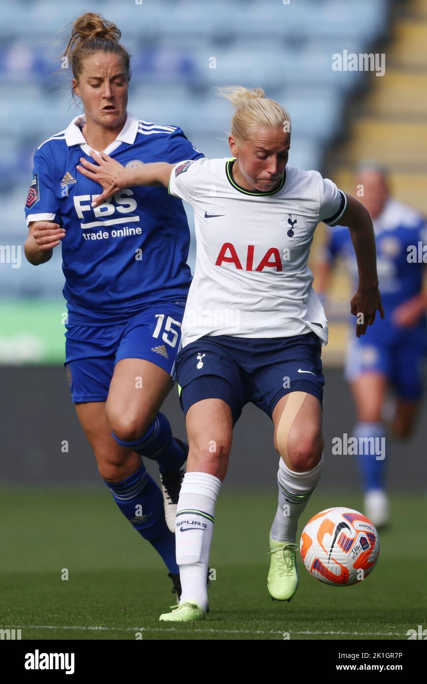 Leicester, UK. 18th September 2022.  Sophie Howard of Leicester City challenges Eveliina Summanen of Tottenham Hotspur (R) during the The FA Women's Super League match at the King Power Stadium, Leicester. Picture credit should read: Darren Staples / Sportimage Credit: Sportimage/Alamy Live News Stock Photo