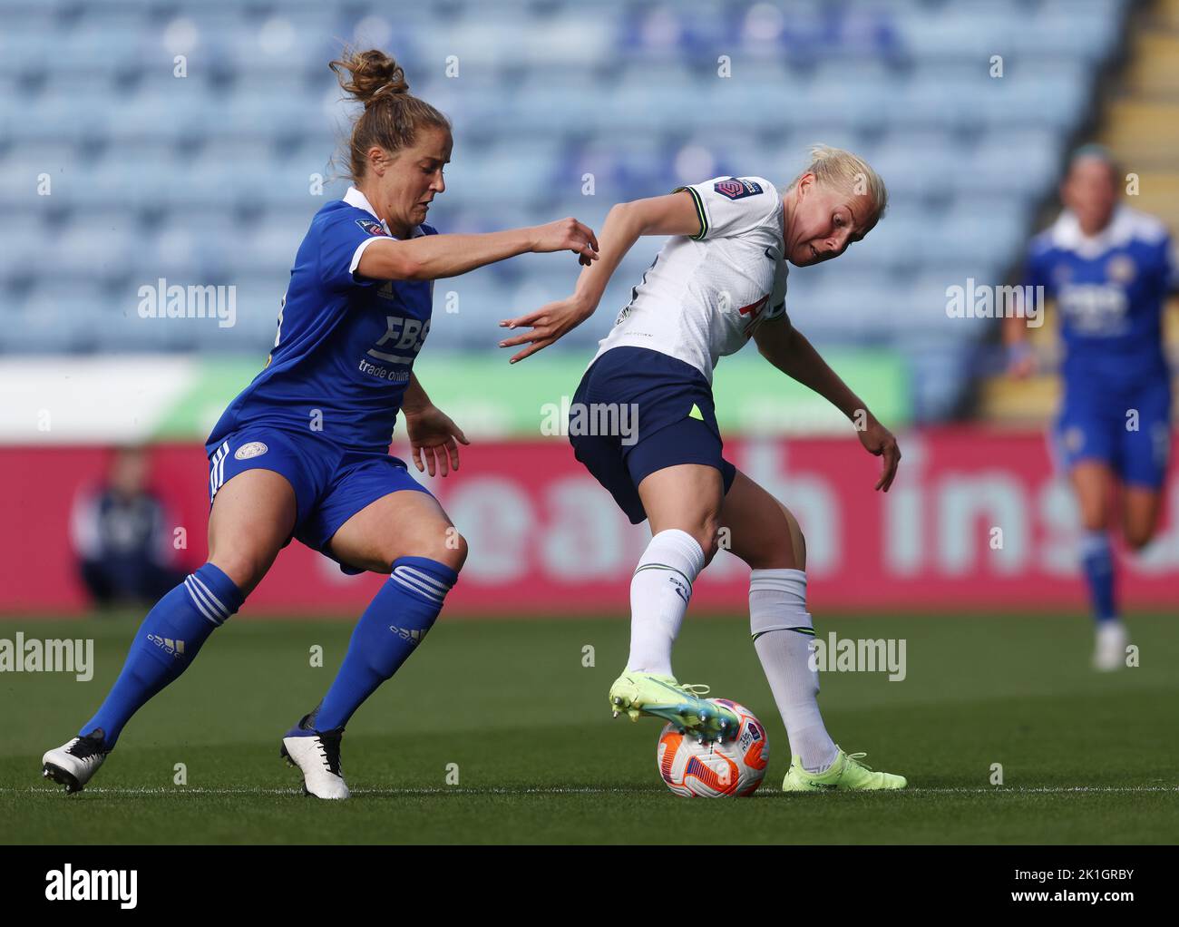 Leicester, UK. 18th September 2022.  Sophie Howard of Leicester City challenges Eveliina Summanen of Tottenham Hotspur (R) during the The FA Women's Super League match at the King Power Stadium, Leicester. Picture credit should read: Darren Staples / Sportimage Credit: Sportimage/Alamy Live News Stock Photo