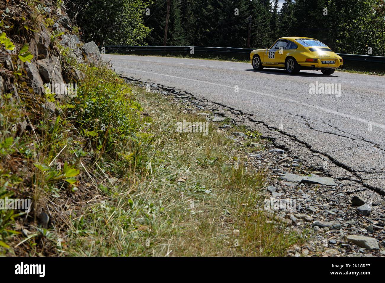 CHAMROUSSE, FRANCE, August 20, 2022 : Old Porsche racing car during Historic Vehicles uphill Chamrousse race. Hillclimbing is a branch of motorsport i Stock Photo