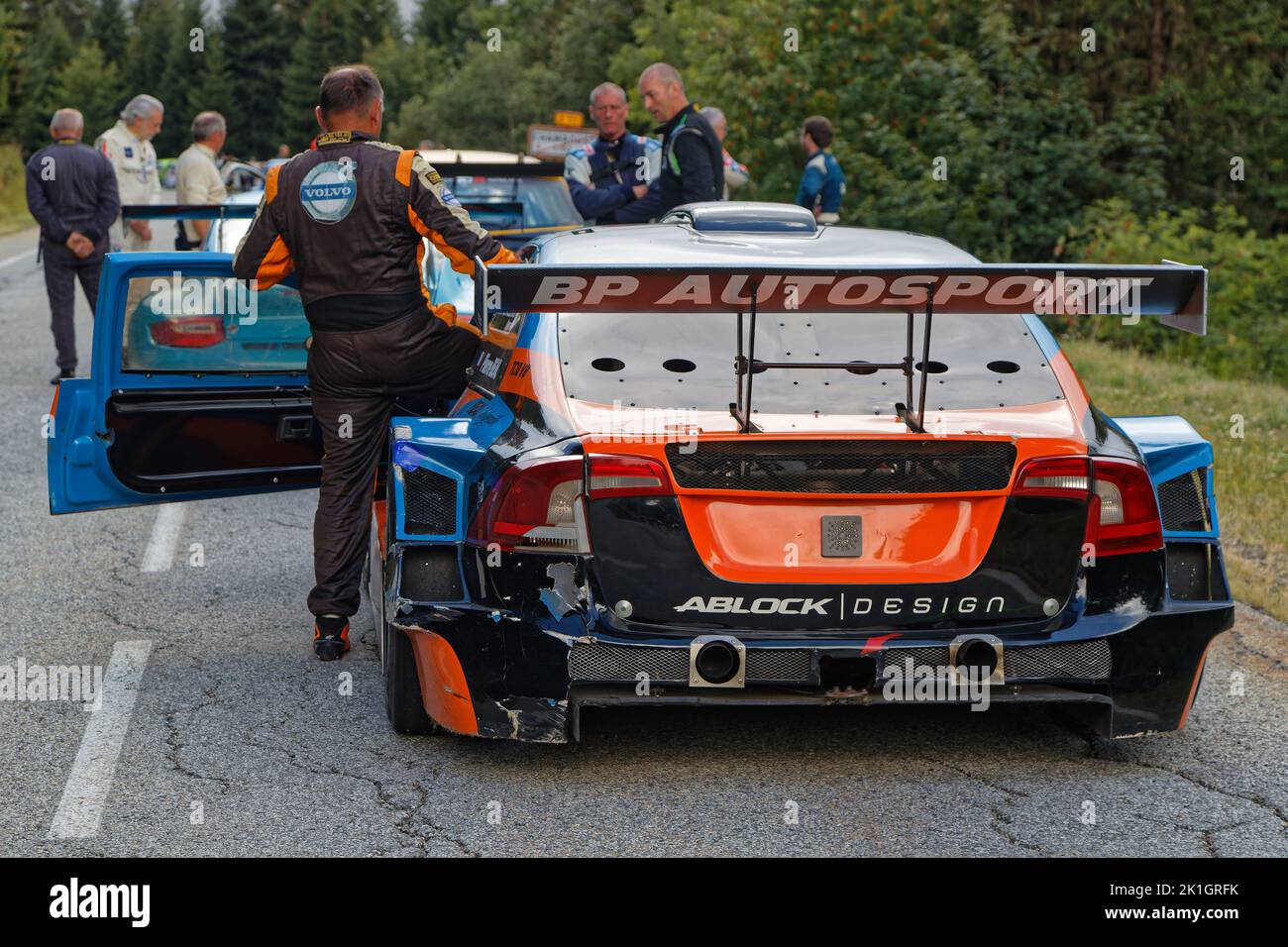 CHAMROUSSE, FRANCE, August 20, 2022 : Drivers wait in a line of cars at the start of uphill Chamrousse race. Hillclimbing is a branch of motorsport in Stock Photo