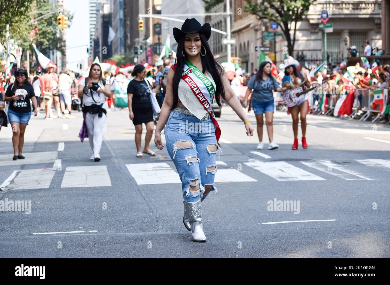 A parade participant is seen walking at the annual Mexican Day Parade along Madison Avenue in New York City. Credit: Ryan Rahman/Alamy Live News. Stock Photo