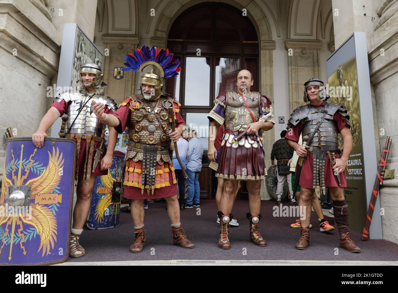 Bucharest, Romania - September 17, 2022: Ancient Roman soldiers, generals and emperor during a historic reenactment event. Stock Photo