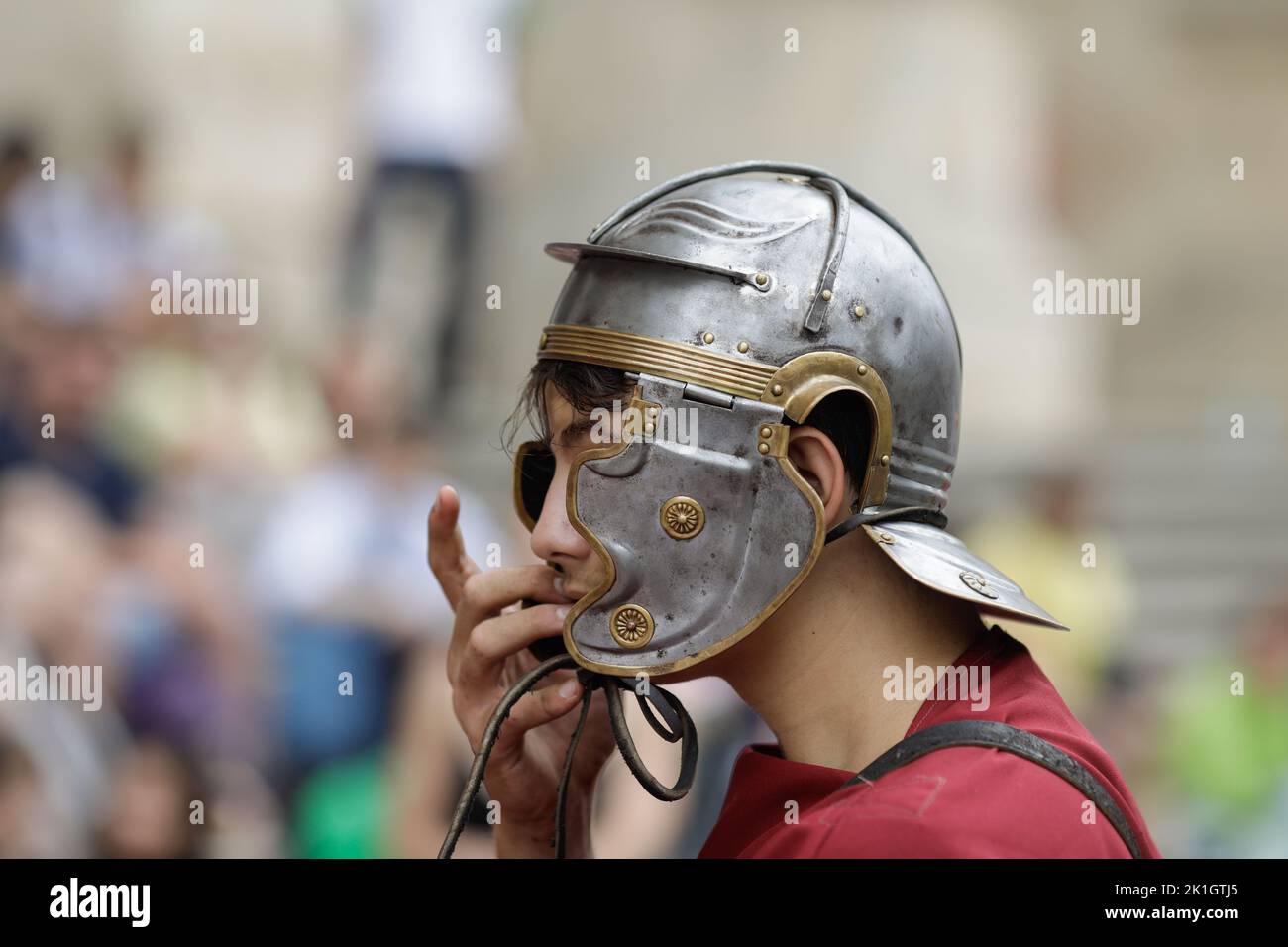 Bucharest, Romania - September 17, 2022: Details with an ancient Roman soldier's helmet during a historic reenactment event. Stock Photo