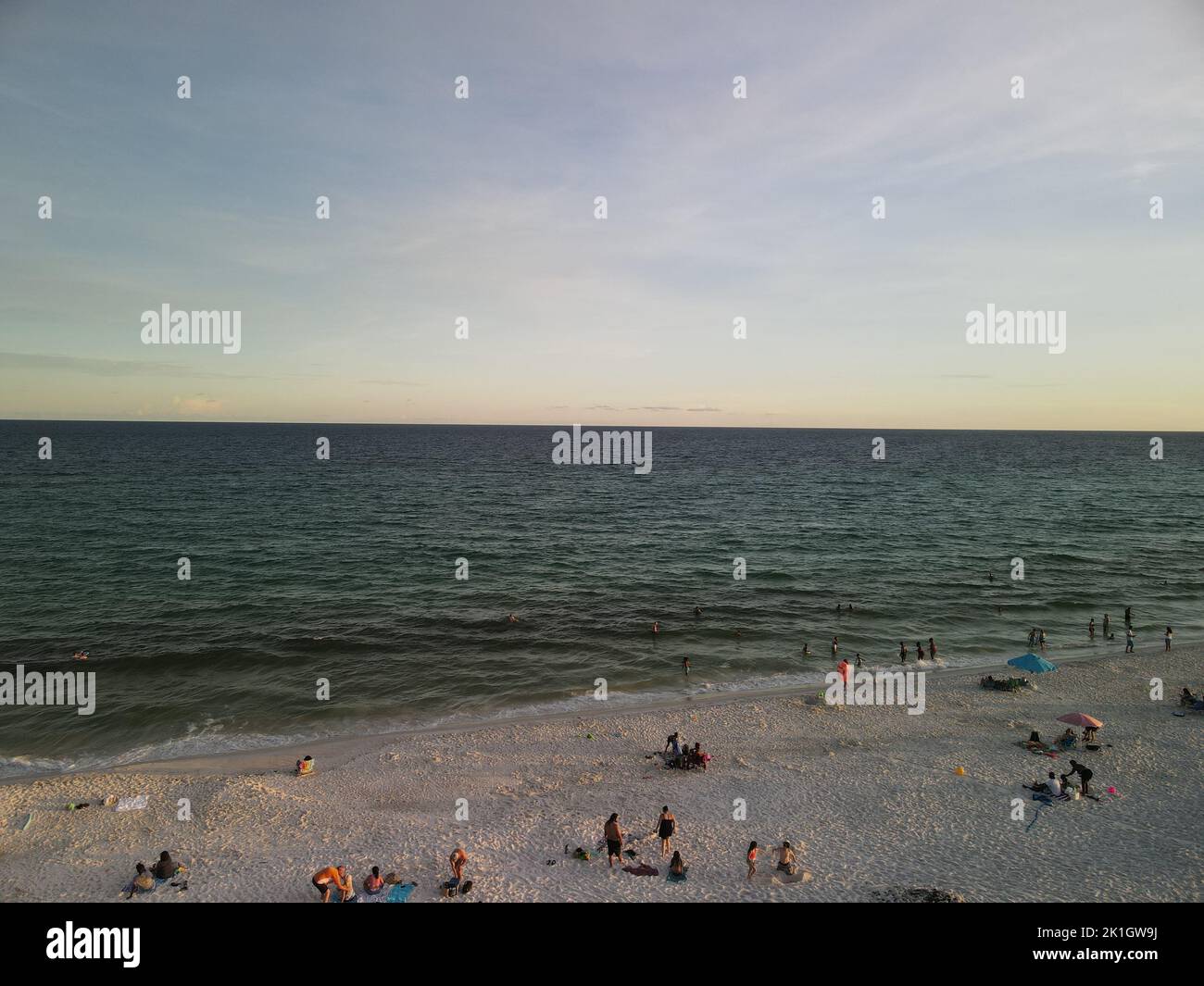 An aerial drone view of a beautiful white-sand beach in Fort Walton Beach, Florida Stock Photo